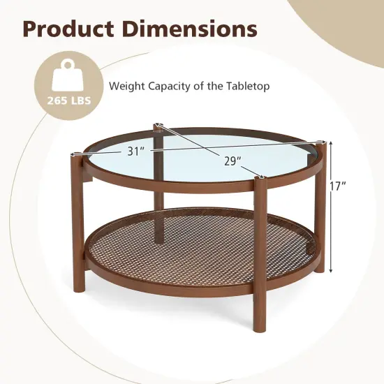 Cherry Wood Rattan Round Coffee Table with Tempered Glass Top 2-Tier {3}