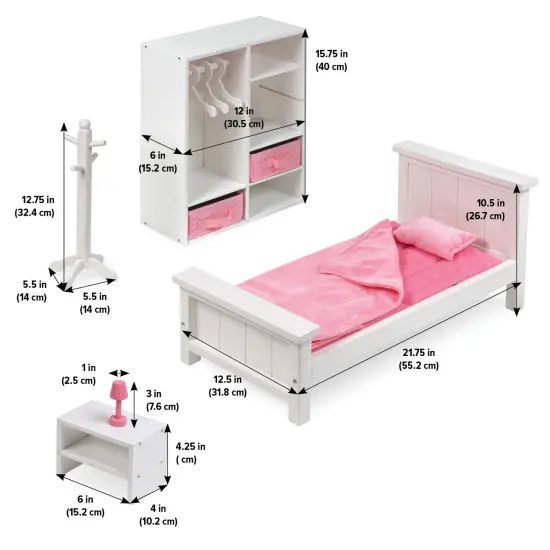 Badger Basket Bedroom Furniture Set for 18 inch Dolls - White/Pink {4}