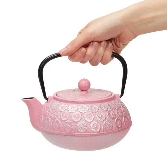 Pink Floral Cast Iron Teapot Kettle with Stainless Steel Loose Leaf Infuser (34 oz) {4}