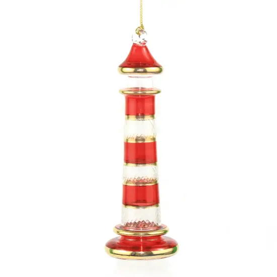 Etched Glass Lighthouse with Gold Rings Ornament - Red {1}