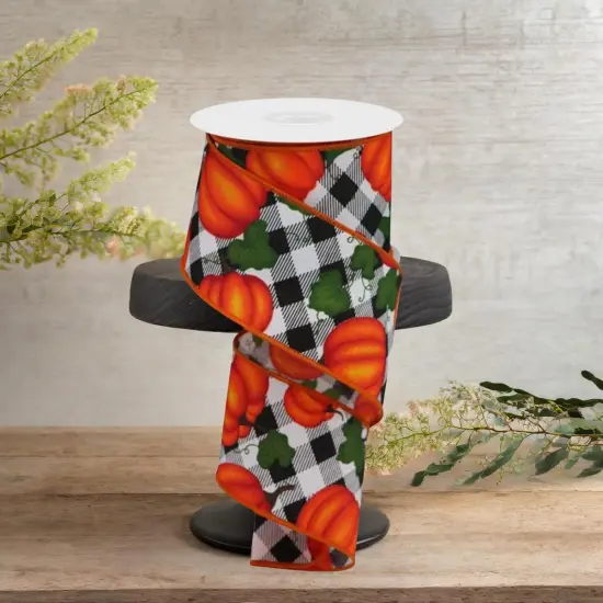 2.5" Leaves Pumpkin on Check Ribbon: White (10 Yards) {3}