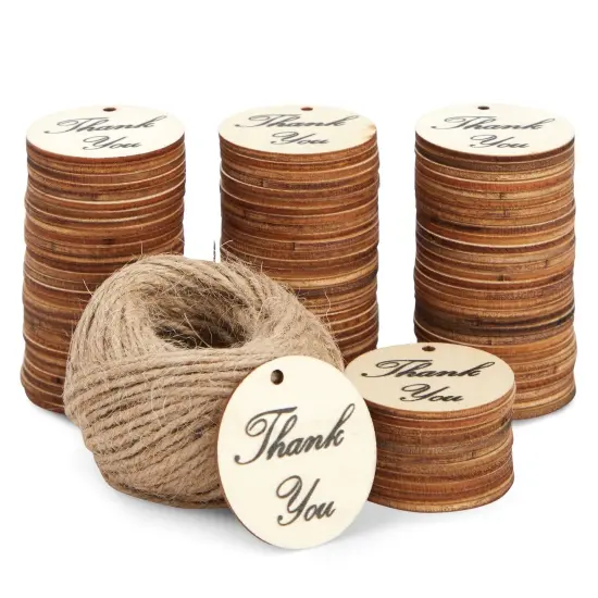 100-Pack Thank You Wood Tags with Twine for Wedding and Baby Shower themed Party Favors, 1.5 Inches Brown {5}