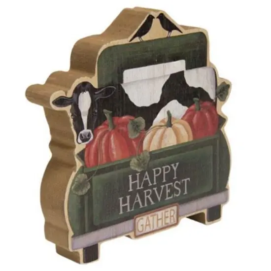 Green Wooden Happy Harvest Gather Truck Sitter with Cow and Pumpkins {2}