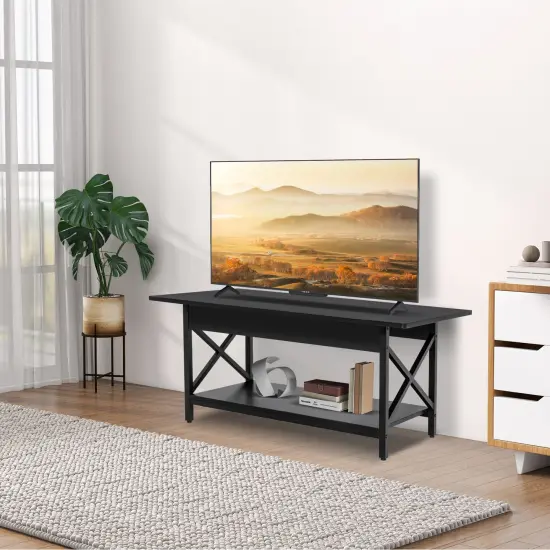 Black Wood Metal Coffee Table with Shelf, X Shaped Frame {5}