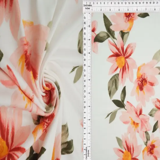 1 Yard Ivory & Coral Brushed DTY Floral Print Knit Fabric 170 GSM, 58/60&Prime; Wide Polyester Spandex Blend {4}