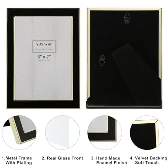 4x6'' Gold Metal Edge frames with Black Enamel set of 2, 6x4''Gold/Black Frame with Easel, Velvet Backing for Countertop, Tabletop Display, Bookshelf, Desk, 4x6''Wall Frames, (4x6'' Black/Gold) {3}