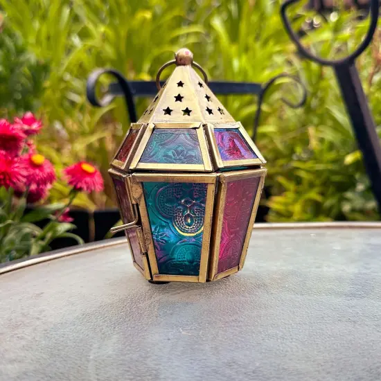 In the Breeze 9206 &mdash; Teal & Pink Mini Hex Tealight Lantern &mdash; Moroccan-Style Boho Chic Tealight Glass and Metal Tabletop Lantern {2}