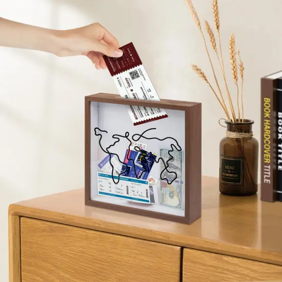 Adventure Archive Box 12x12inch Gifts for Dad Father From Wife/Daughter/Son, Wooden Travel Shadow Box with Slot, Loading Tickets Display Case Memories Travel Box Frame for Keepsake, Dark Brown {2}