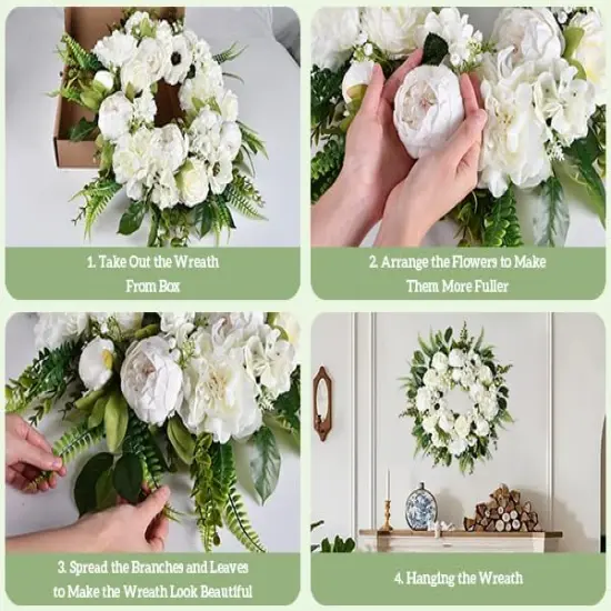 Peony Spring Wreath for Front Door, 20 Inch White Floral Wreath Seasonal Door Wreaths {4}