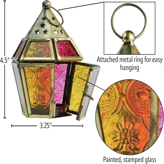 In the Breeze 9204 &mdash; Pink & Yellow Mini Hex Tealight Lantern &mdash; Moroccan-Style Boho Chic Tealight Glass and Metal Tabletop Lantern {5}