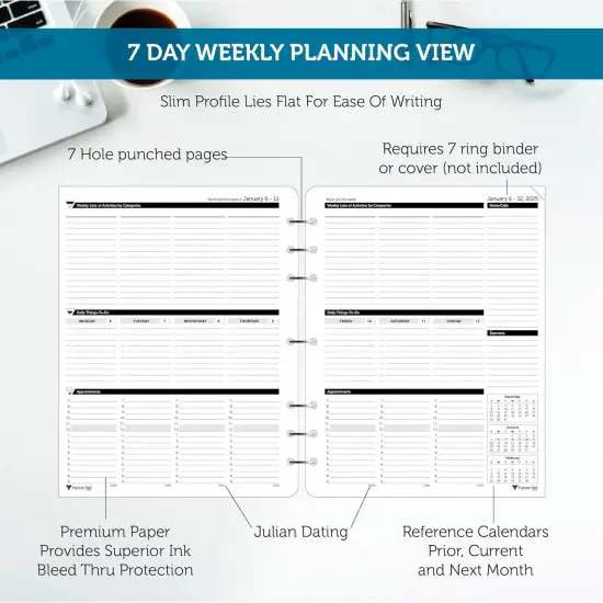 Planner Pad 7 Hole Loose Leaf January-December 2025/ Calendar Year 8 1/2" x 11" Large 3-Tier Funnel Down 12 Month Organizer, Black Ink {3}