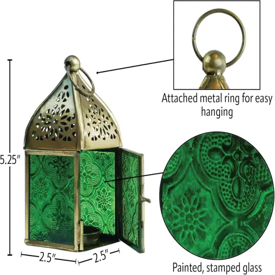In the Breeze 9202 &mdash; Green Mini Square Tealight Lantern &mdash; Moroccan-Style Boho Chic Tealight Glass and Metal Tabletop Lantern {5}