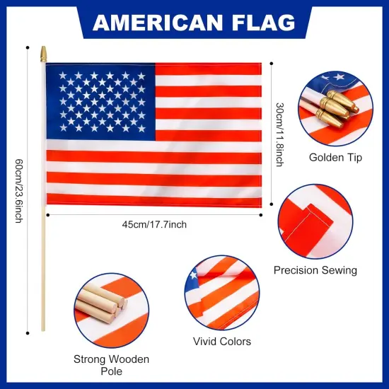 12 Pack US American Stick Flags Small 12x18 Inch USA Hand Held Flags with 24 Inch Wooden Pole for Yard,July 4th,Veteran Party,Memorial Day, Independence Day Decoration {2}