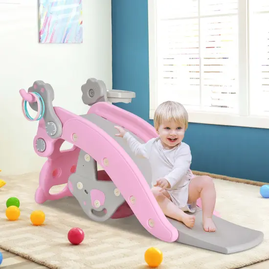 Costway 4-in-1 Rocking Horse & Slide Set Toddler Slide Toy with Basketball Hoop Blue/Pink {9}