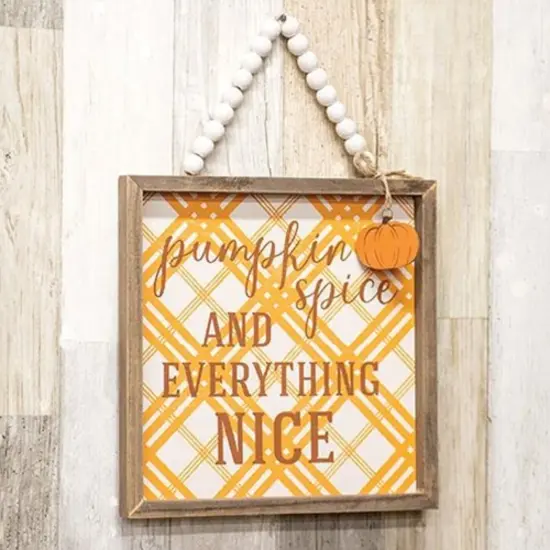 9.75" Pumpkin Spice Framed Wooden Sign with Beaded Hanger Autumn Seasonal Wall Decoration {2}