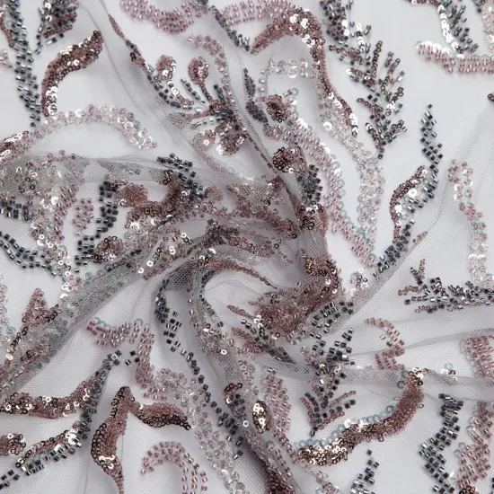 1 Yard Embroidered Lace Fabric Beaded & Sequined with Rich Design, 50/52&Prime; Wide Grey / Rose {5}