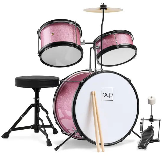Best Choice Products Kids Beginner 3-Piece Drum, Musical Instrument Set w/ Sticks, Cushioned Stool, Drum Pedal Pink Sparkle {1}