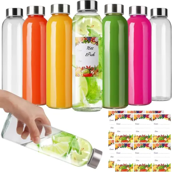 Set of 8 16oz Glass Water Bottles with Lids {1}