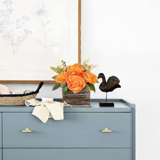 Artificial Flower Arrangement, 8'' Orange Roses Peonies Hydrangeas in Wooden Planter, Rustic Fake Flowers in Pot for Home Decor Living Room - 1PC {4}