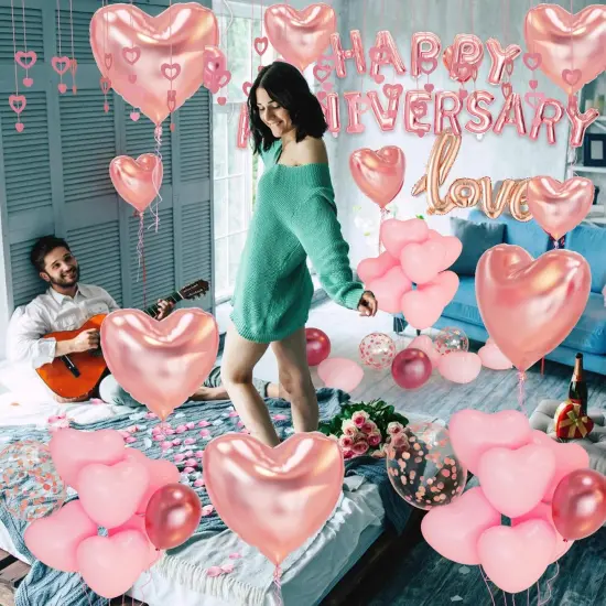 Anniversary Decorations &ndash; Pink Banner, Heart Balloons, Hanging Hearts & Rose Petals {4}