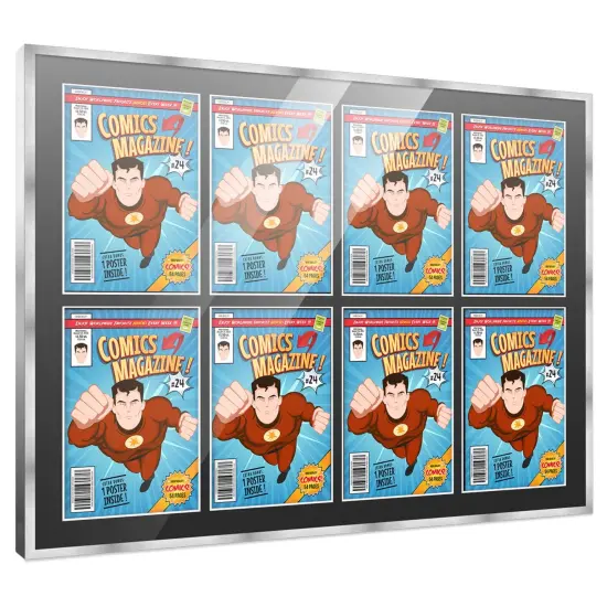 Comic Book Frame with Mat for 8 Bronze Age Comics Published Between 1970 and 1985 - Silver Wood Comic Frame With Black Mat for 7.25x10.5 Comics - 37.5x26.5 Frame Size {7}