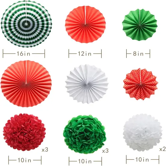 Red White Green Hanging Paper Party Decorations, Round Paper Fans Set Paper Pom Poms Flowers for Christmas Birthday Wedding Graduation Baby Shower {5}