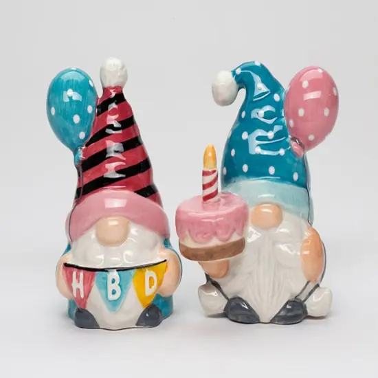 Ceramic Happy Birthday Gnome Salt and Pepper Shakers, Birthday Party Decor, Fairy Garden Decor, Gnome Collector Gift {3}