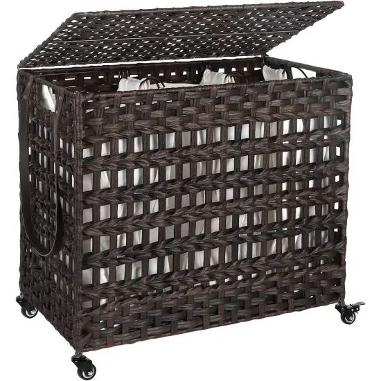 3-Basket Foldable Laundry Sorter Cart with Removable Bags and Locking Wheels for Home Grey {6}