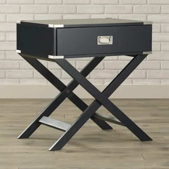 Rectangle Solid Wood End Table with Bronze Hardware Dovetailed Drawer and Cross Leg Base Black {1}