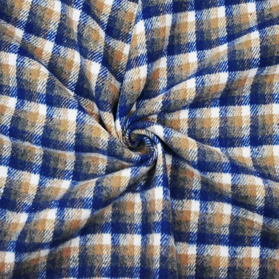 Blue-Beige-White Poly-Wool Single Sided Brush Plaid Jacketing Fabric By the Yard {3}