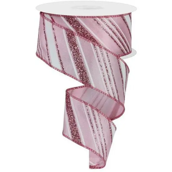 1.5" Diagonal Line Glitter Ribbon: Pink (10 Yards) {1}