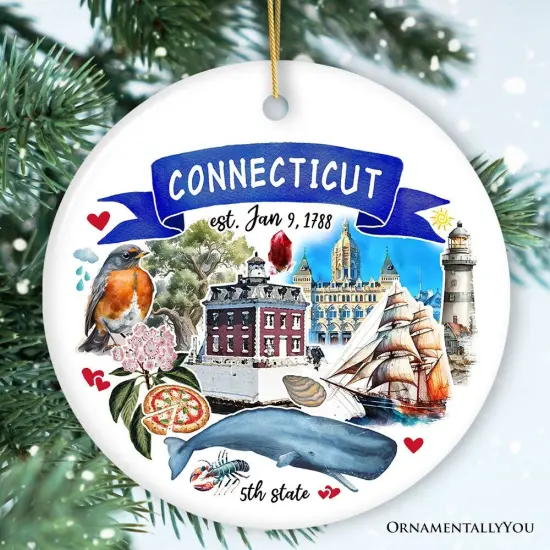 Artistic Connecticut State Themes and Landmarks Christmas Ornament {1}