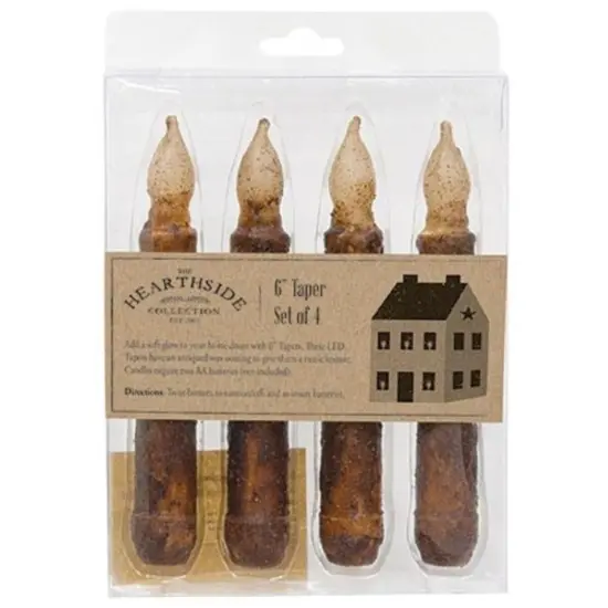 Set of 4 Burnt Mustard LED Taper Candles with Antiqued Wax and Flickering Glow, Rustic Home Decor {1}