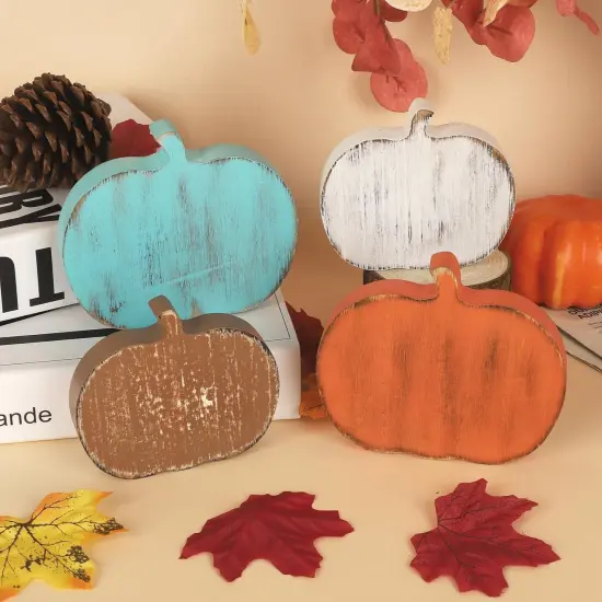 4 Wooden Fall Pumpkins Decorations {4}
