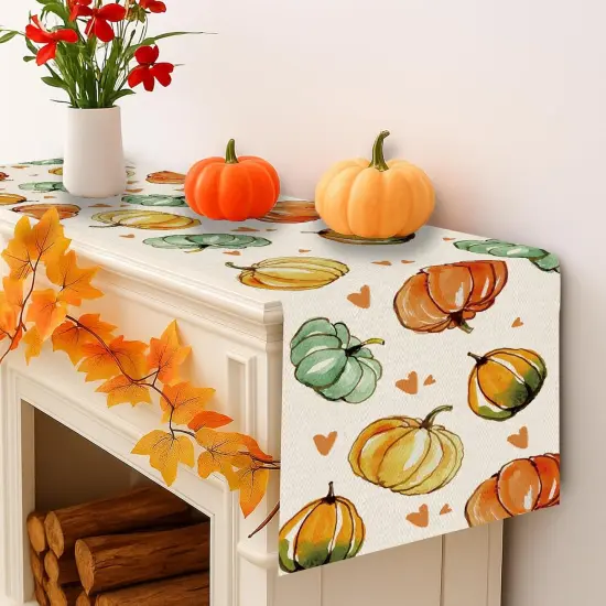Fall Table Runner Pumpkin Heart Holiday Autumn Burlap, 13 x 72 Inch {4}