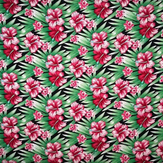 1 Yard Hibiscus Floral Polyester Fabric, 60" Wide Tropical Print Material Red & Green {4}