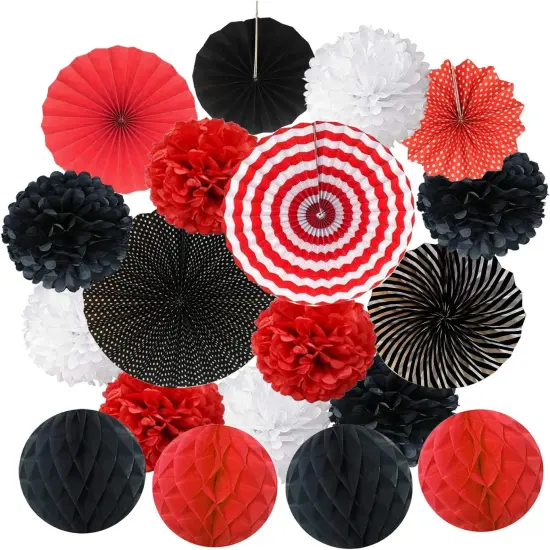 Hanging Paper Fan Set, Tissue Paper Pom Poms Flower Fan and Honeycomb Balls for Birthday Baby Shower Wedding Festival Decorations - Red Black and White {1}