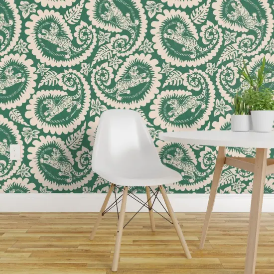 Pre-Pasted Wallpaper 2FT Wide Block Print Style Botanical Paisley Animal Big Cat Monstera Leaves Nature Green Jungle Custom Pre-pasted Wallpaper by Spoonflower {1}