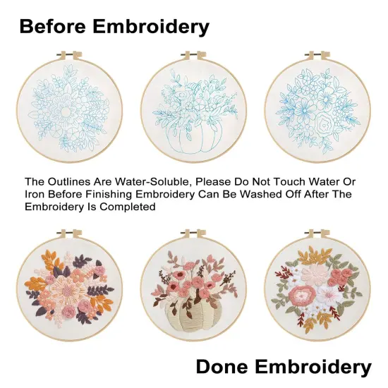 Embroidery Kit for Beginners, 3 Sets Stamped Cross Stitch Kits for Beginner, Floral Pattern Embroidery Starter Kits for Adults with Embroidery Hoop Instructions Threads and Needles Scissors {6}