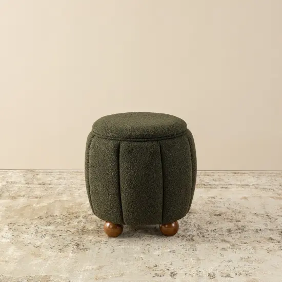 19"H Boucle Upholstered Storage Ottoman Stool with Rubberwood Feet Green {2}
