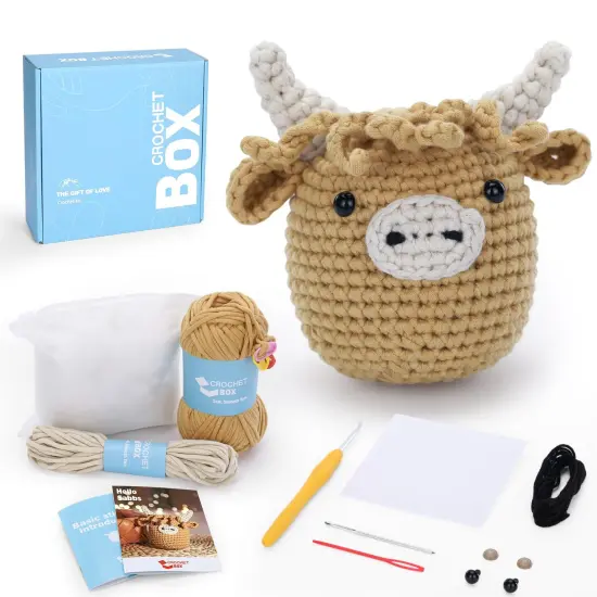 Crochet Kit for Beginners: Highland Cow Crochet Kit, Learn to Crochet, Include Easy Knitting Soft Yarn, Step-by-Step Video Tutorial, Hook, Holiday Birthday Gift for Adults and Kids(30%+ Yarn) {1}