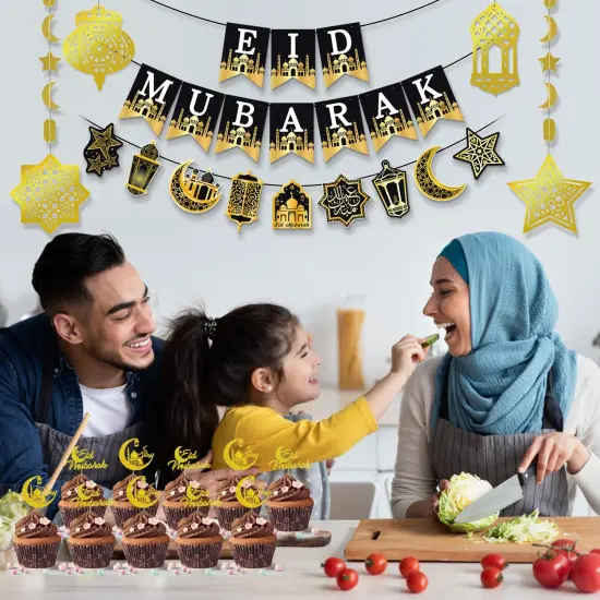 AhfuLife Ramadan Mubarak Decorations, Eid Decorations for Home - Preassembled Ramadan Eid Mubarak Banners, 16 Pcs Eid Balloons, 6 Pcs Islamic Star Moon Lantern Garland Streamer, 10 Pcs Cupcake Toppers {3}