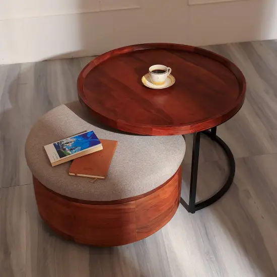 Wooden Nesting Table with Metal Stand And Nesting Drum {1}