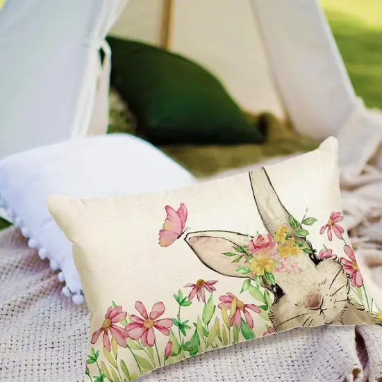 Happy Easter Pillow Covers 12x20in Lovely Double - Sided HD Print Cover Easter Bunny Spring Pillow Covers Case for Indoor Sofa Easter Decorations {4}