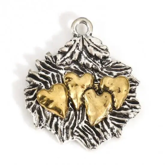 *10* 26x22mm 2 Tone Silver/Gold Heart Leaf Charms {6}