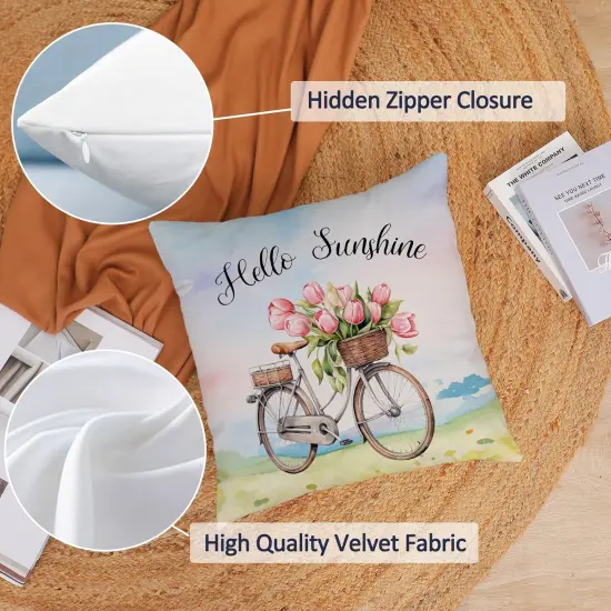 Hello Spring Pillow Covers 18x18 Set of 4 Soft Velvet Spring Summer Floral Throw Pillows Decoratives Cushion Covers Truck Biycle Flower Pillow Cases for Home Sofa Couch Outdoor Decorations 18 {3}