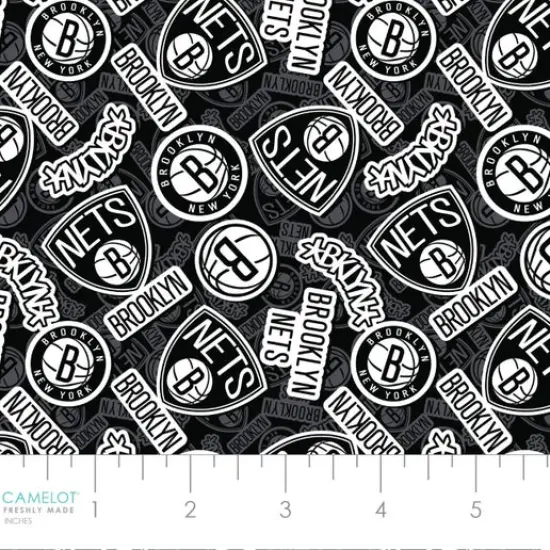 NBA Licensed Brooklyn Nets Toss Black Cotton Fabric by the Yard {1}