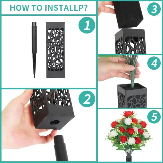 2 Sets Artificial Cemetery Flowers,Artificial Cemetery Flowers with Vase,Memorial Flowers,Artificial Rose Bouquet Graveyard Memorial Flowers for Graveyard Headstones Decoration(Red and White {4}