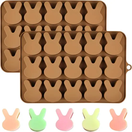 Easter Bunny Molds 2pcs Silicone Chocolate Mold Rabbit Shape Easter Candy Mold 15 Cavity for Resin Soap Ice Cube Gummy Cupcake Decoration {1}