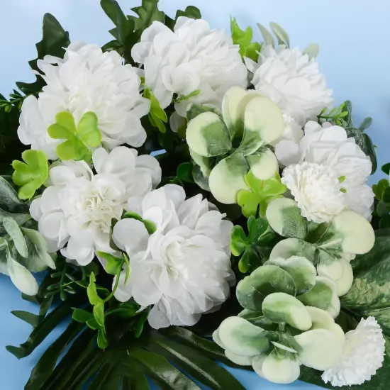 Artificial Cemetery Flowers, Bulbous Chrysanthemum Flowers Greenery Bouquet for Grave Decoration, Set of 2 Spring Memorial Flowers with Vase (White) {3}